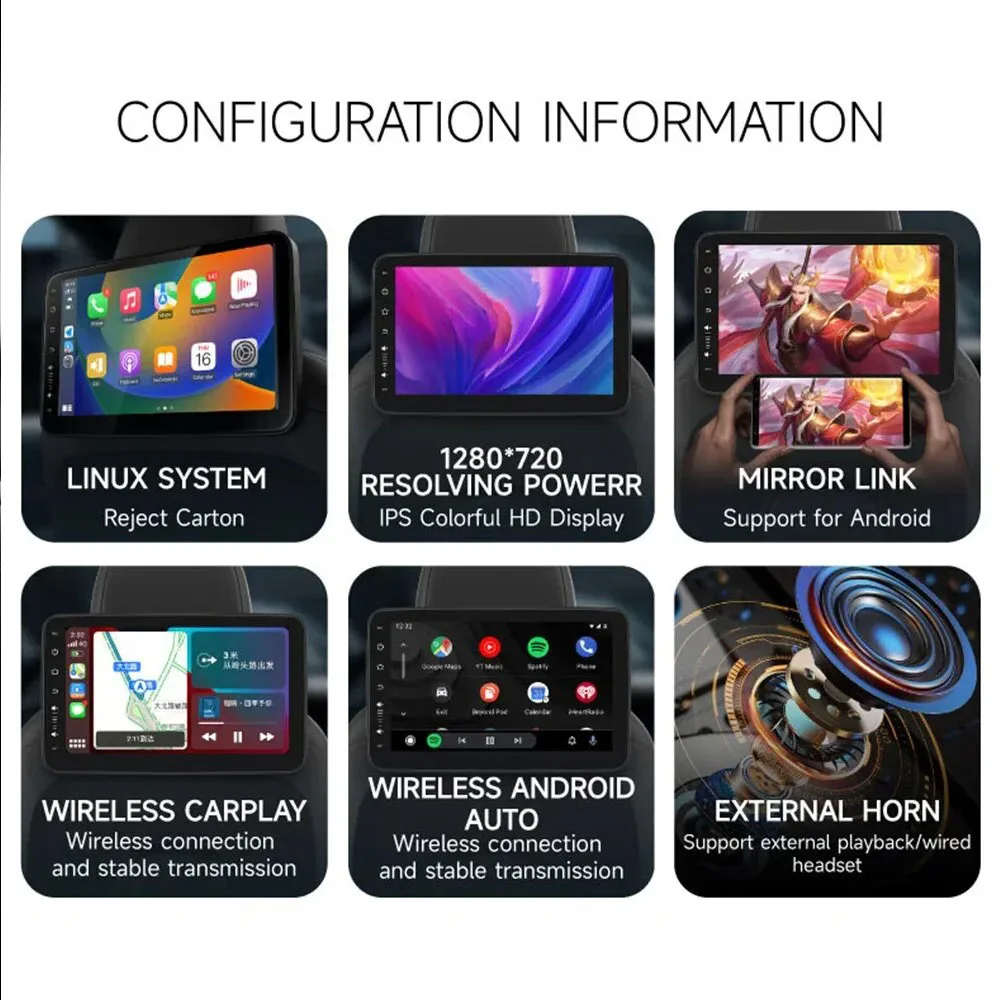 

10.1'' Монитор-планшет для подголовника автомобиля, беспроводной CarPlay, Android 12, 2+32 ГБ, видеоплеер для задних сидений, FM, Bluetooth, HD, сенсорный экран