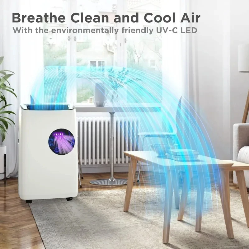 Ar condicionado e aquecedor portátil, desumidificador e ventilador, ar condicionado de chão 4 em 1, luzes ultravioleta C, modo de sono