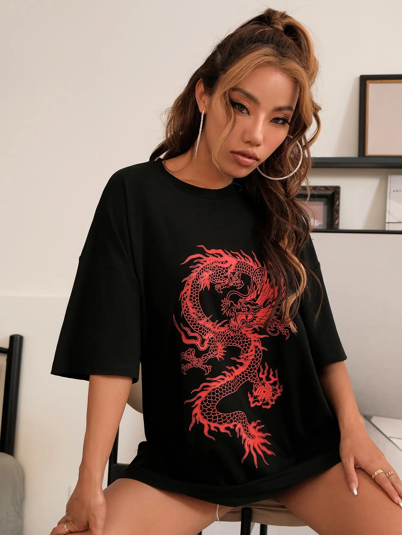 Chinese Red Dragon Pattern Printed T-Shirts Women Fashion Street Short Sleeve Summer Oversize 100% Cotton T Shirt Loose Tees Top