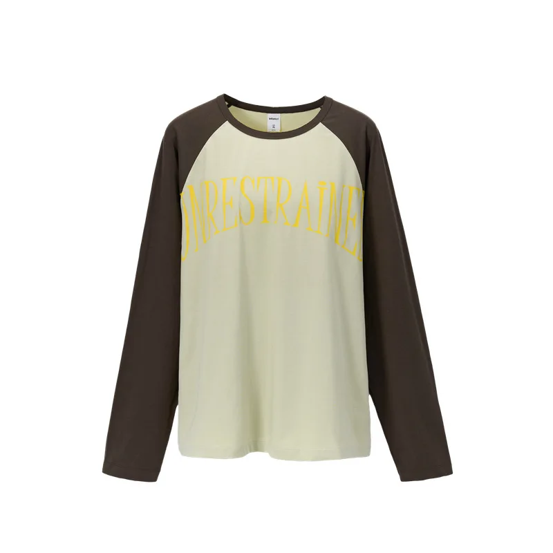 Vintage Washed Color Block Print Long Sleeve T‑Shirt Autumn New Arrival American Street Raglan Sleeve Casual Loose Top Unisex