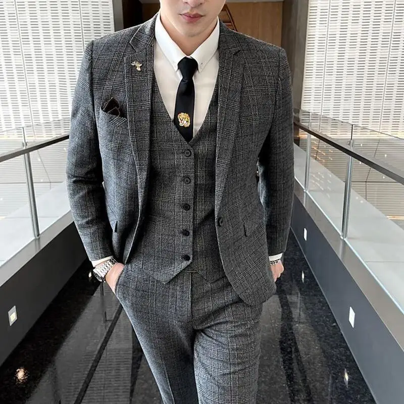 

1-A95 British Slim-fit Groom Suit suit Plaid Suit Men's Casual Business Formal Dress Wedding Dress Three-piece Set