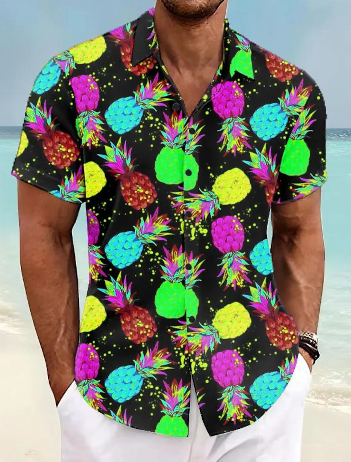 Camisa tropical de abacaxi masculina, manga curta, tecido elástico, férias casuais, verão, primavera, verão, primavera