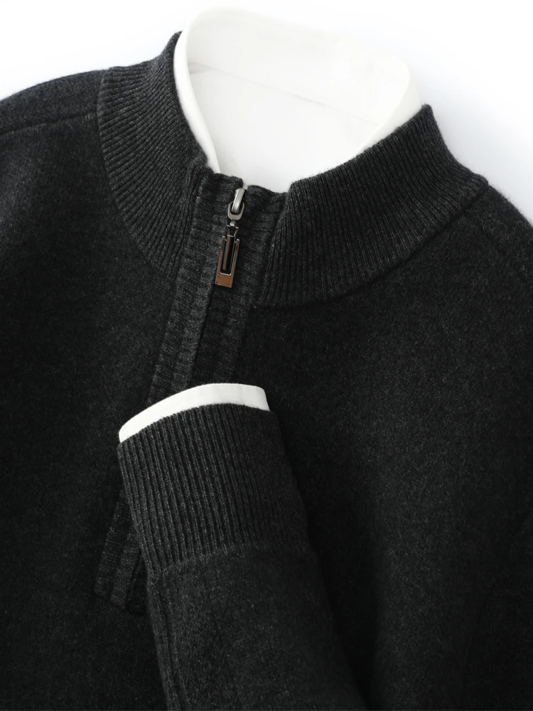 Autumn Winter Men's Cashmere Sweater Mock-neck Zipper Pullovers Thick Casual Long Sleeve Top 100% Cashmere Knitwear Warm Clothes