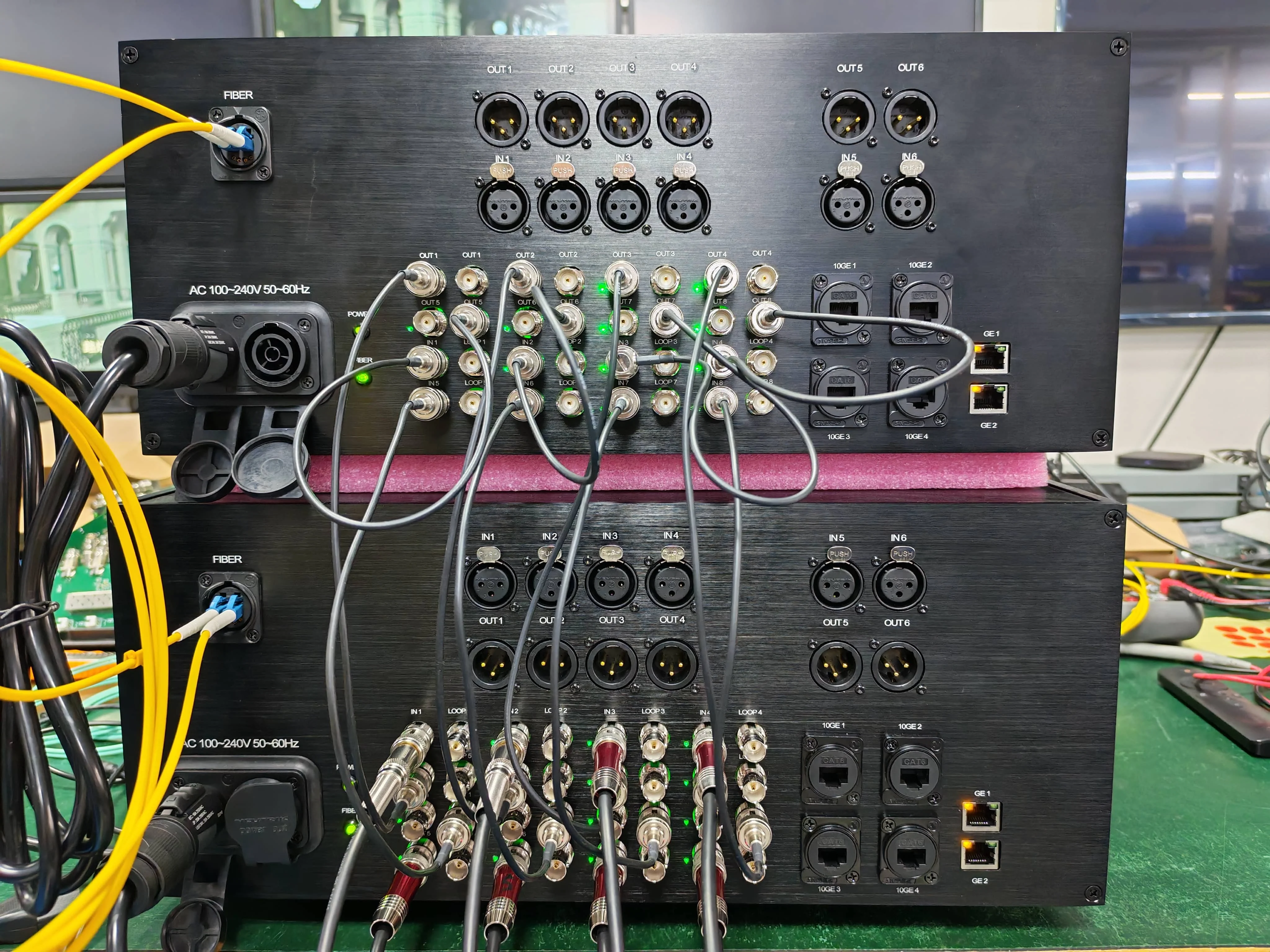 Custom-made Multi-Functional 16x 12G Transmission Fiber Gear With XLR Audio and 10GB Ethernet