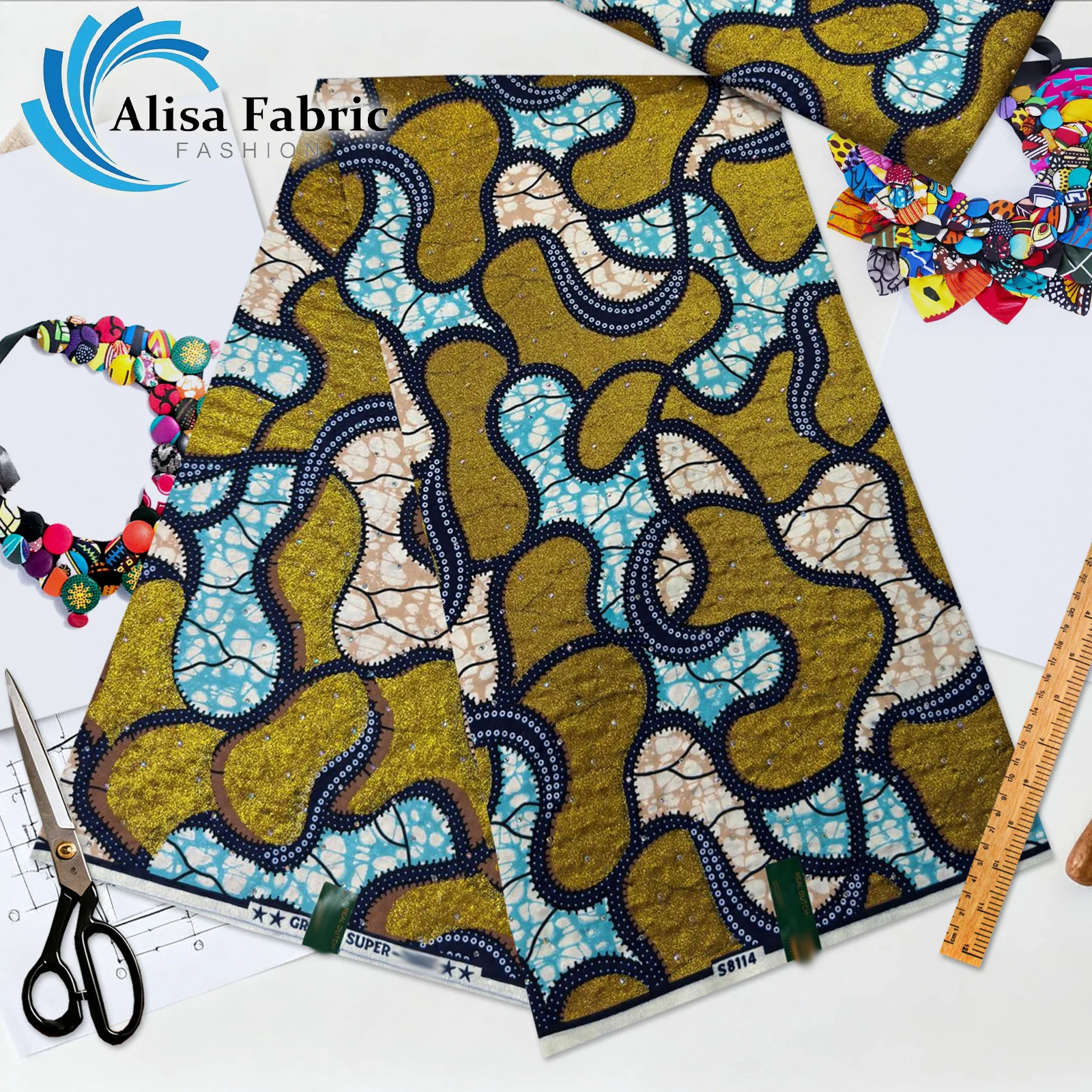 

New arrival Hot drilling grand super African wax cloth fabric with stones 6 yards 100% cotton for wedding decoration,Blue & Gold