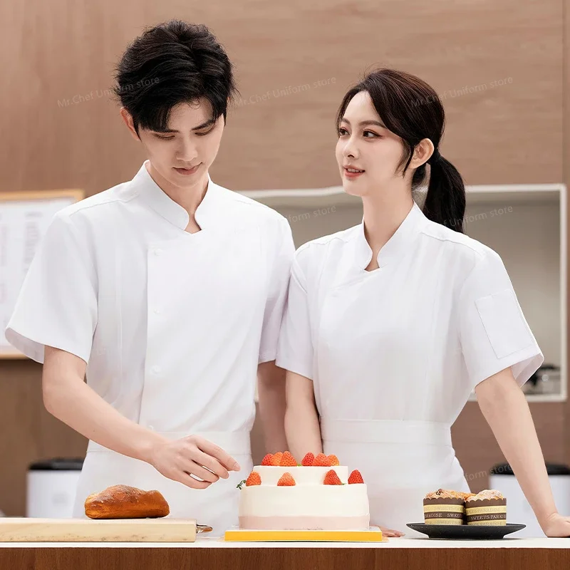 Chaqueta de Chef de manga corta para hombre, uniforme negro con delantal, abrigo de Chef de cocina de malla transpirable, ropa de trabajo, accesorios de chef