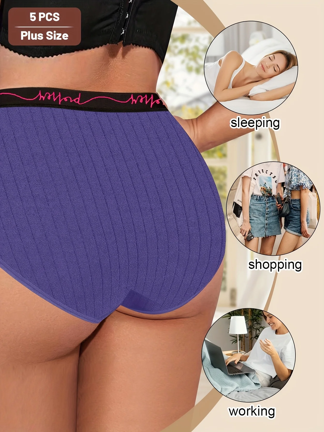 Balení 5 kusů dámského spodního prádla pro plnoštíhlé ženy se středním pasem, s nápisem v pase a svislými pruhy. - náhled 2