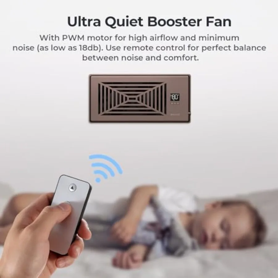Quiet Register Booster Fan Fits Register Holes, 10-Speed Smart Heating Cooling AC Vent Fan with Remote Control and Thermostat C view 6