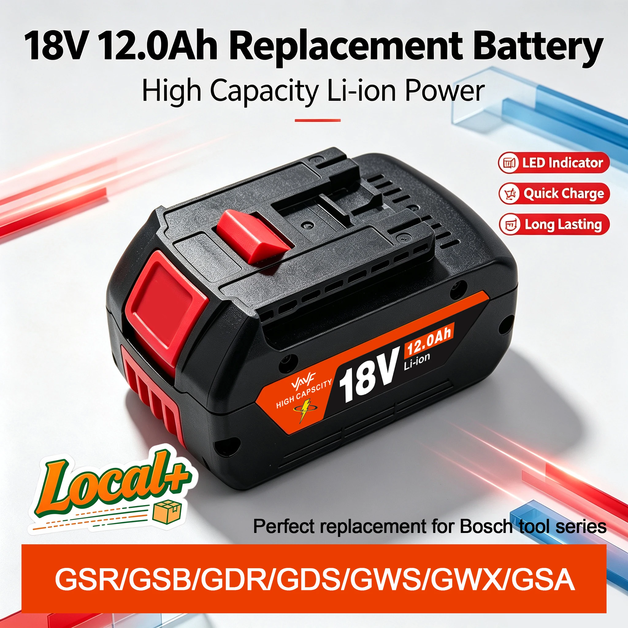 Lokaler Lagerbestand: 18V 12,0Ah Li-Ionen-Ersatzakku für Bosch BAT609 BAT618 BAT618G, wiederaufladbarer Akku für Elektrowerkzeuge mit LED-Ladeanzeige