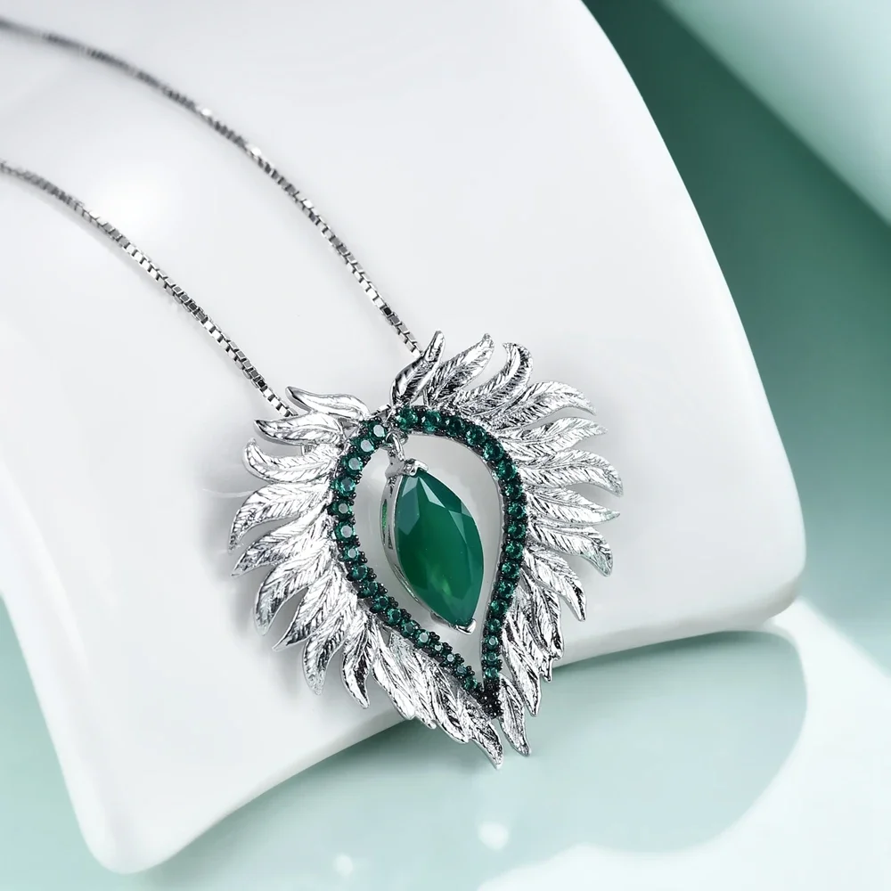 GEM'S BALLET Angel Wings Feather Pendant 925 Sterling Silver 45cm Chains Necklaces For Women Luxury Jewelry Natural Green Agate