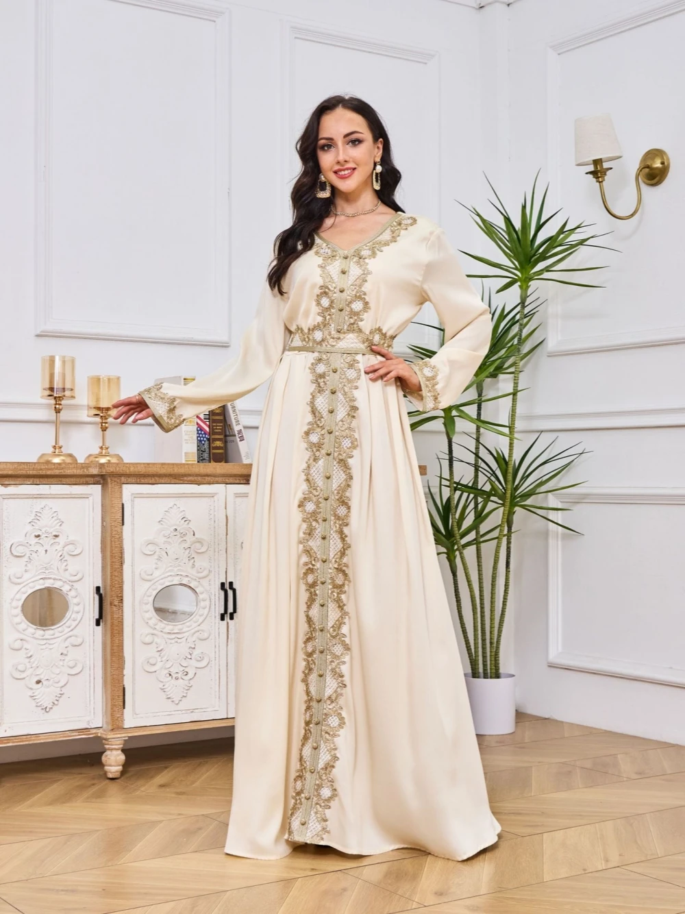 Elegant Apricot Embroidery Evening Dress Formal Occasions Women Muslim A-line Prom Gown Customized Fashion Birthday Arabic Robe