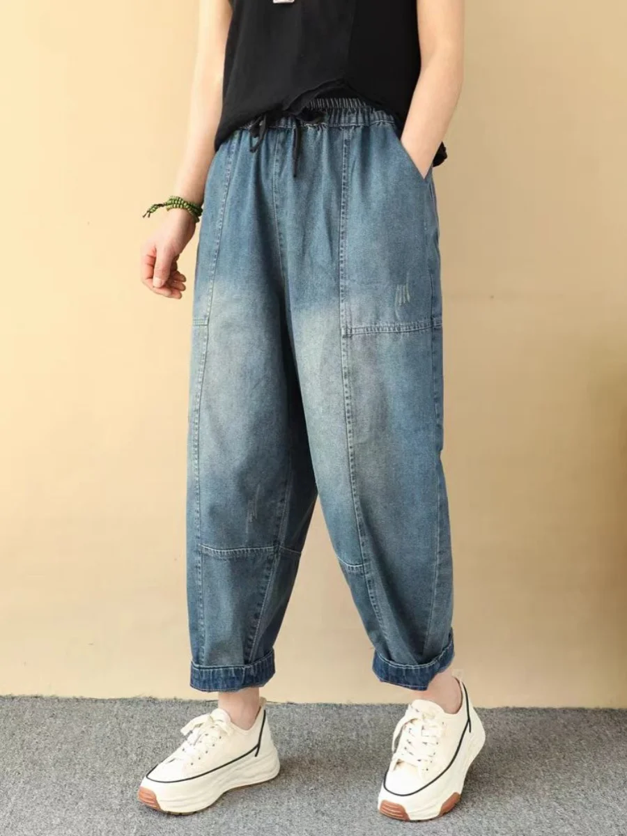 Jeans da donna semplici patchwork retrò primavera estate larghi taglie forti dimagranti pantaloni Harlan casual a nove punti pantaloni da papà