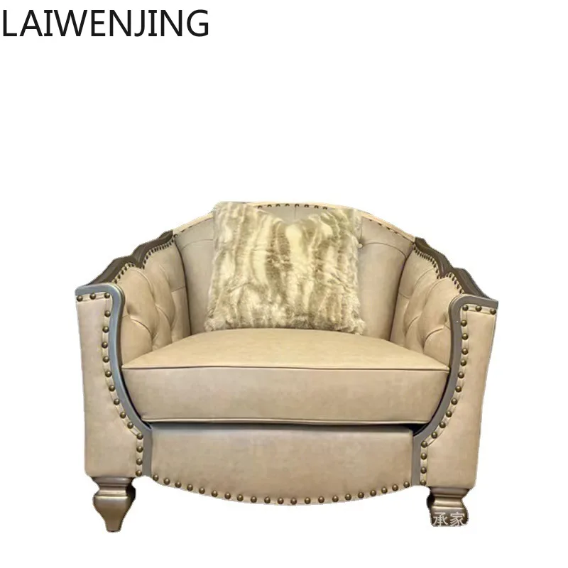 

HLZ solid wood sofa villa living room modern light luxury retro carved three-person leather art sofa