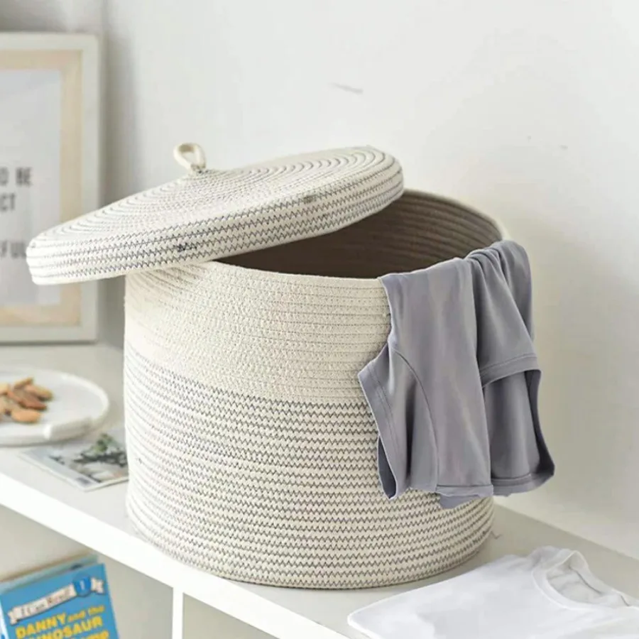 Foldable Weave Woven Cotton Rope Dirty Clothes Basket with Cover Clothes Toys Organizer Round Storage Laundry Basket