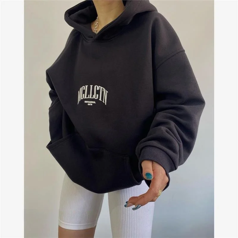 Felpa con cappuccio lunga con stampa di lettere Faion casual da donna, comoda felpa streetwear per la stagione autunnale