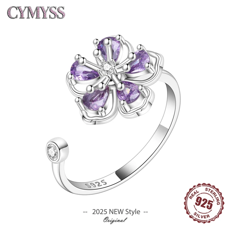 

Оригинальное регулируемое кольцо из стерлингового серебра 925 пробы с цирконом в форме цветка, изысканное вращающееся фиолетовое открытое кольцо для женщин, изысканные ювелирные изделия, подарок