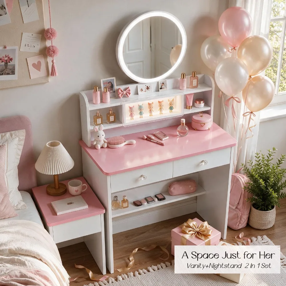 Modern Pink Round LED Vanity Desk Set with Mirror and Stool, Makeup Dressing Table with Storage Shelves, Aesthetic Beauty Corner Furniture for Women Girls Bedroom