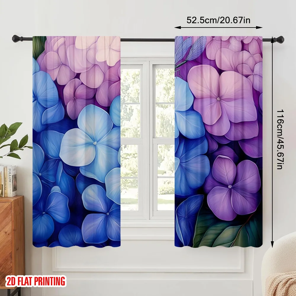 2pcs,2D plane printing Print Curtains Blue Purple Hydrangea Dragonfly Versatile Polyester Fabric (without rod) Decorations For