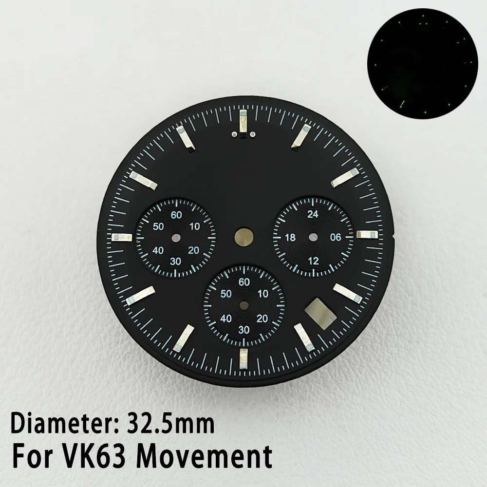 Customized Logo Watch Dial Panda Dial VK63 Dial 32.5mm C3 Green Luminous ingle Calendar Dial Diy Watch Dial Quartz Watch Dial