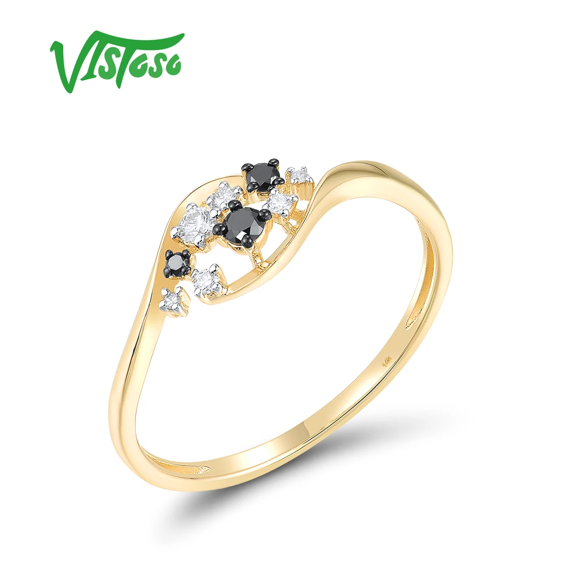 

VISTOSO Authentic 14K 585 Yellow Gold Ring For Women Sparkling Black White Diamond Delicate Party Wedding Dainty Fine Jewelry