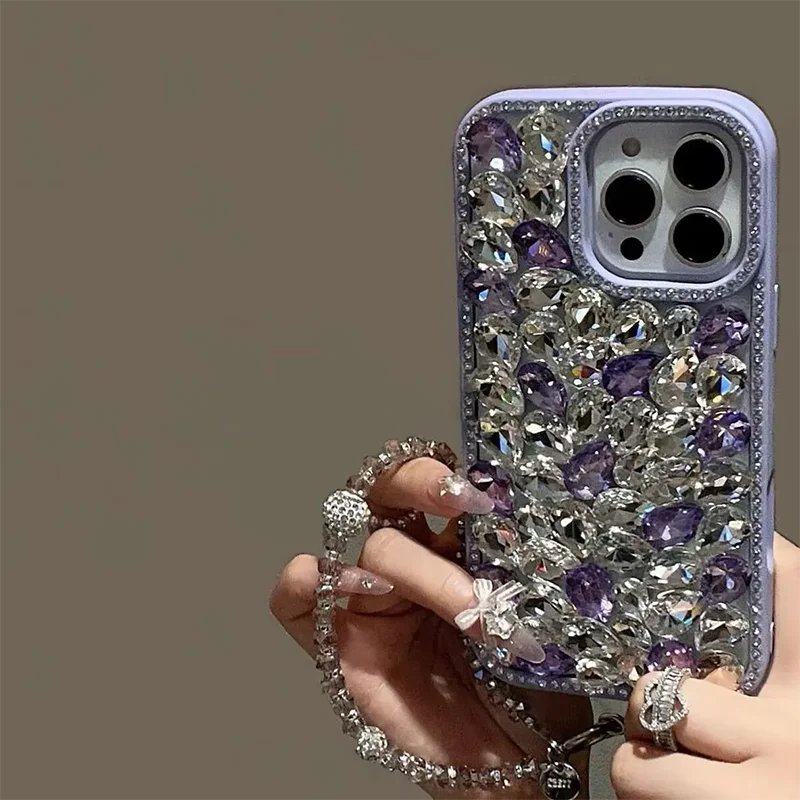 

Luxury full diamond phone case for iPhone16promax 15 14 13 Pro Max Case sparkling diamond female hard cover with bling bracelet