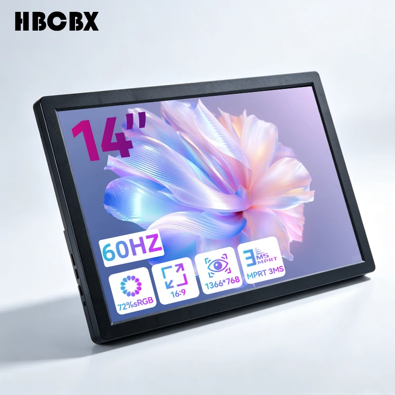 HBCBX 14 Inch Portable Monitor 1366*768 16:9 250cd/ Gaming Computer Expand Display For Laptop Phone XBox PS4/5 Portable Display