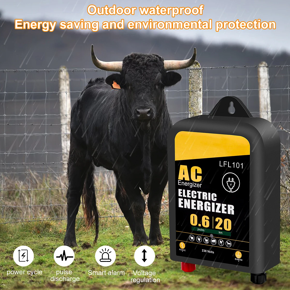 20Km รั้วไฟฟ้า Energizer ปศุสัตว์แรงดันไฟฟ้าสูง Pulse Controller กันน้ำฟาร์มสัตว์ปีกสัตว์รั้วไฟฟ้า
