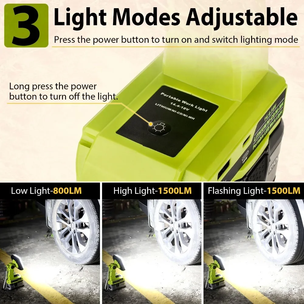 15W 2000LM Rechargeable Portable Light Cordless LED Work Light for Ryobi 18V  Lithium Batteries for Job Site and Emergency Use