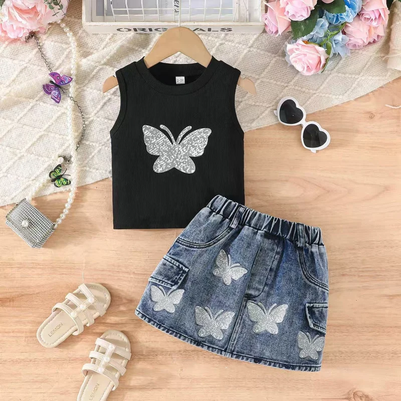 

2026Children's clothing for girls, sleeveless vest + Printed denim skirt two-piece set