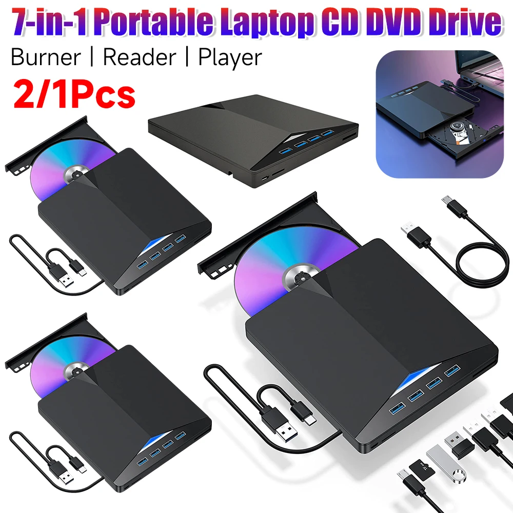 

2-1PCS CD DVD USB External Drive 7-in-1 SD/TF Card DVD/CD Disk Burner Reader Player Portable Optical Disks Drives For Laptop PC