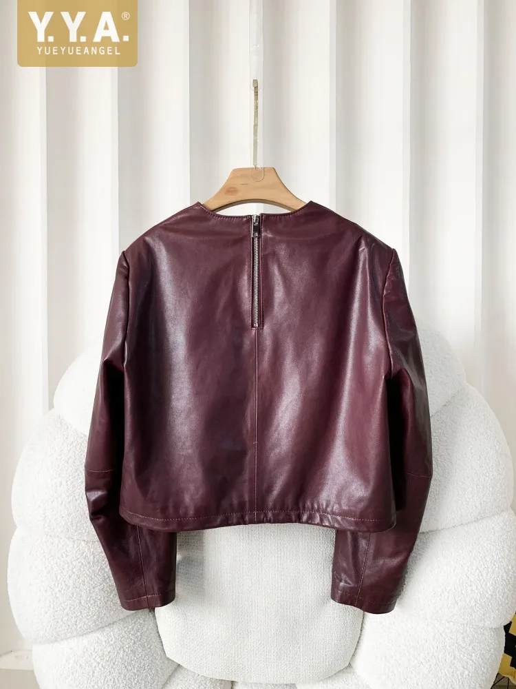 Fashion Lady Pullover Short Style O Neck Sheepskin Genuine Leather Jacket Motorcycle Biker Windproof Coat Loose Fit Punk Jackets