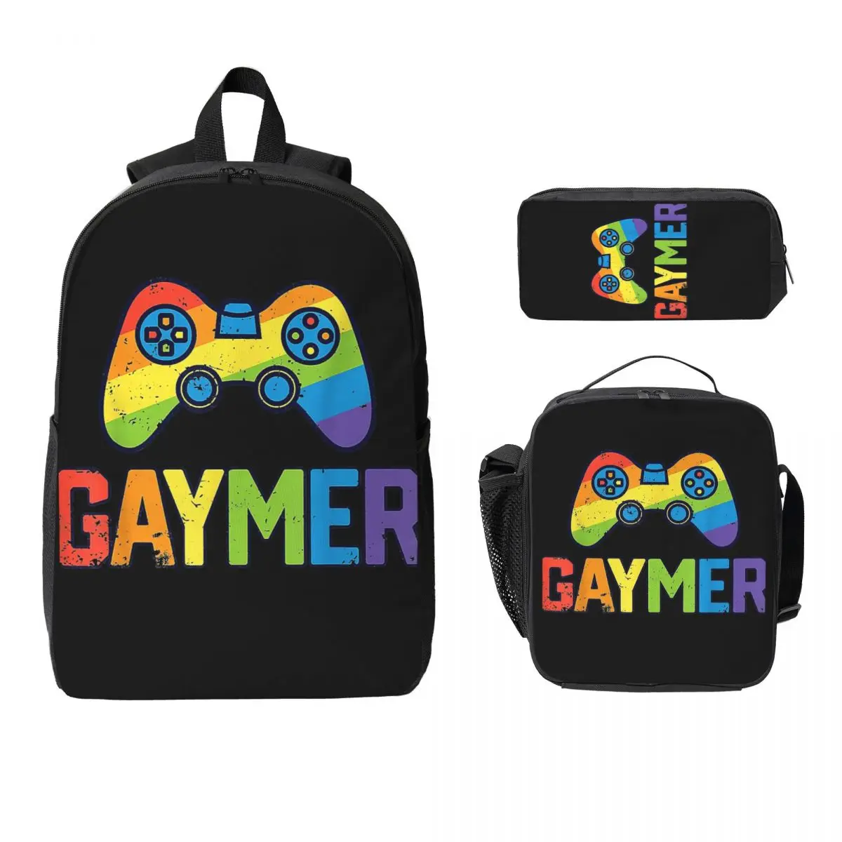 Gaymer Gamer Gay Pride LGBT Lesbian Rainbow Flag Backpack Boys Girls BookBag School Bag 3ps Insulated Lunch Bag Pencil Case