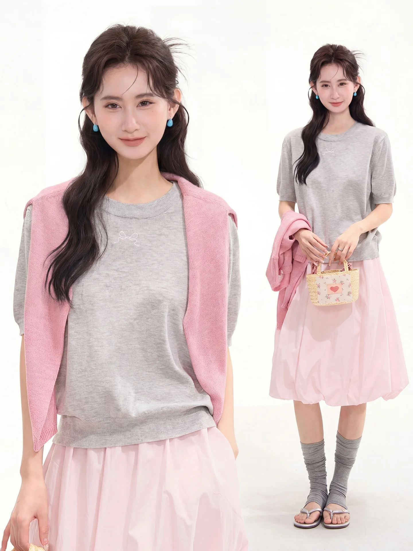 

Light Oxygen Woolen Knitted Top with Embroidered Knot Short Sleeve Retro Style Women's Fashion Spring Season