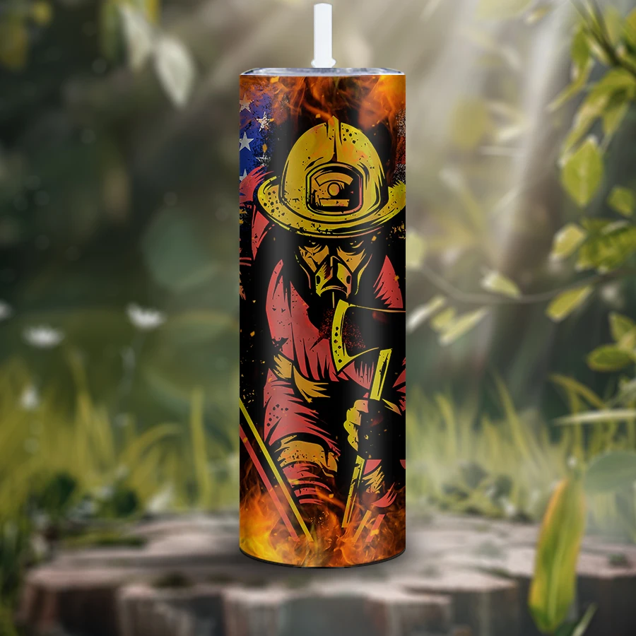 3D Print Firefighter American Flag Sublimation Stainless Steel Tumbler With Lid And Straw Skinny Water Bottle Suitable Gift