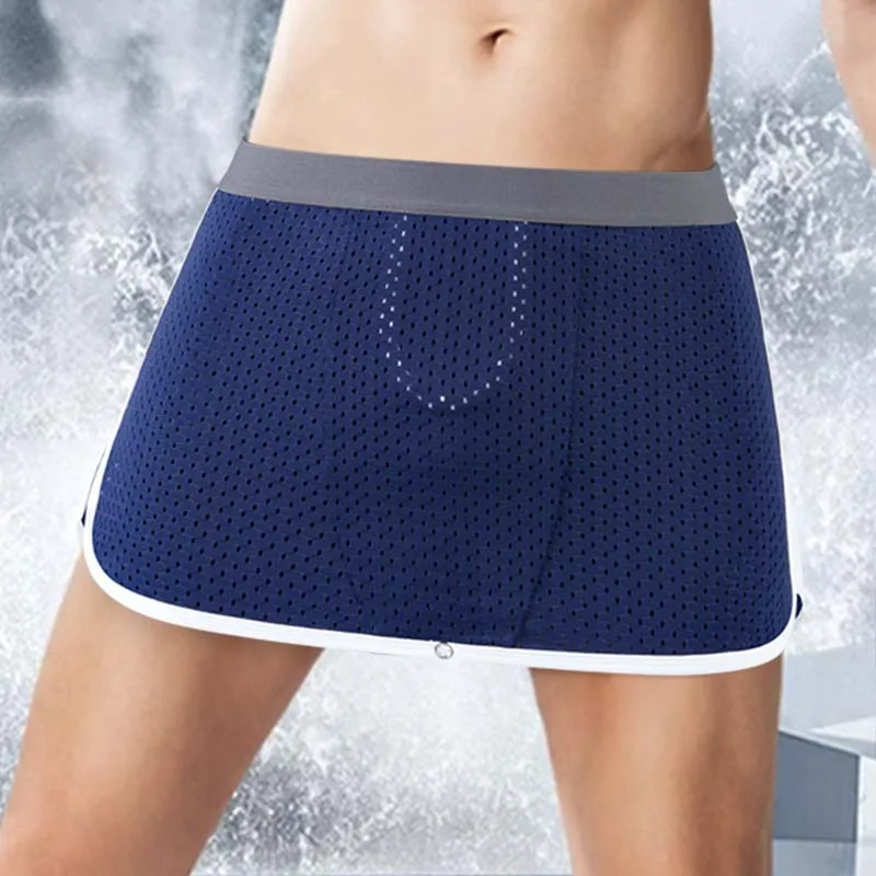 Men's sexy ice silk short skirt U-shaped underwear sleeping pants breathable mesh Aro pants button adjustable youth boxer shorts