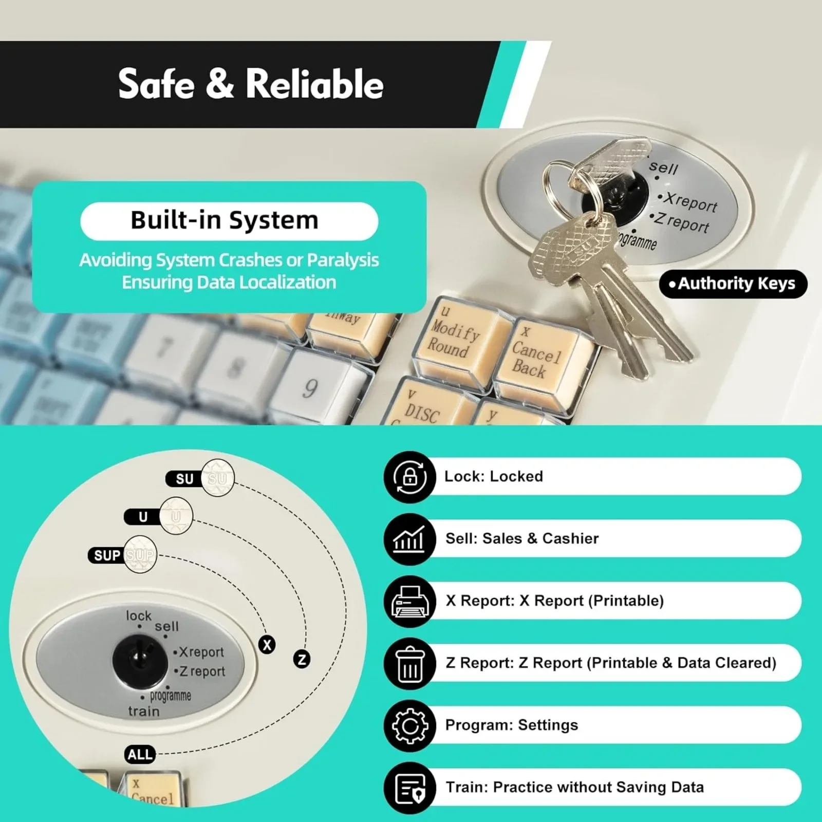 نظام تسجيل المدفوعات النقدية نظام إدارة النقدية ماكينة تسجيل المدفوعات النقدية الإلكترونية مع درج النقود، مفاتيح وكلمات المرور للفتح، 7 طرق للدفع