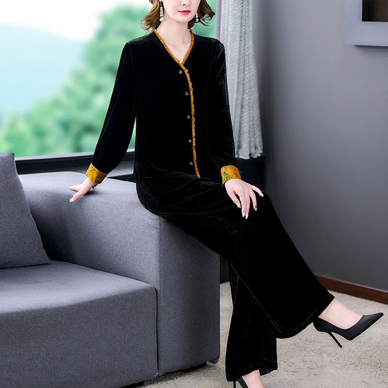 Women Black Velvet Suit 2022 Spring Fashion Pullover Tops And Full Pants Two Piece Set 5XL Female Velvet Pants Set