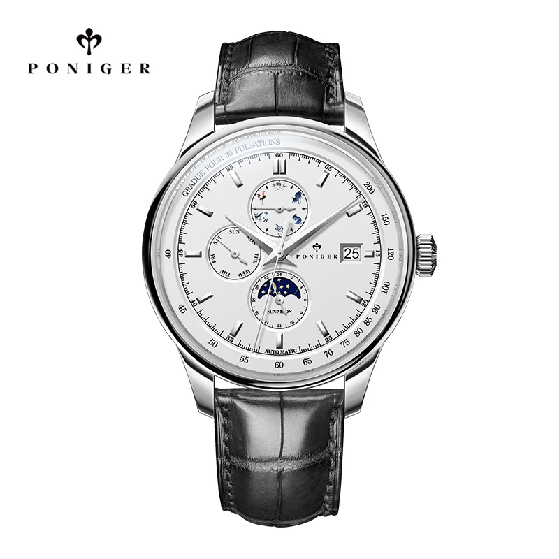 

PONIGER 316L Stainless Steel Case Luxury Wristwatch Leather Belt 24H Date 40mm Automatic Watches For Men New