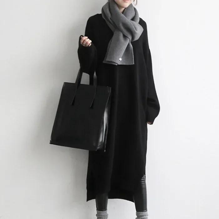 Los Gebreide V-hals Trui Jurk Knielange Onderkant Overhemd Over-Knie Lange Rok Grijze Kleur Vroege Herfst Nieuwe Stijl Koreaanse Fashio