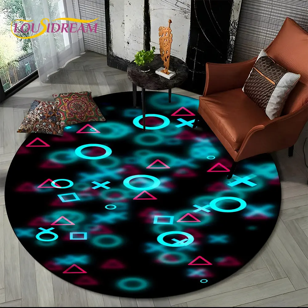 Gaming Controller Round Rug with Cartoon Game Pattern - Non-Slip Floor Mat for Boys Room, Bedroom, Living Room & Game Zone Decor