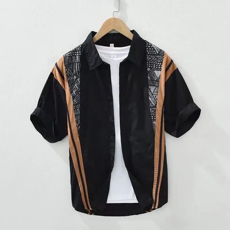 Men's Casual Short Sleeve Shirt with Geometric Print Turn Down Collar Cotton Lightweight Summer Wear for Daily Street Style