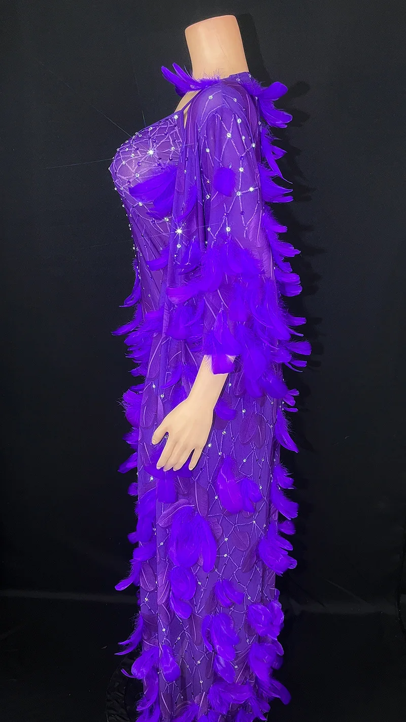 Robe de soirée serrée à manches courtes avec pompons en plumes personnalisés, manteau adt transparent, maille en dentelle, perle sexy, performance sur scène, nouveau