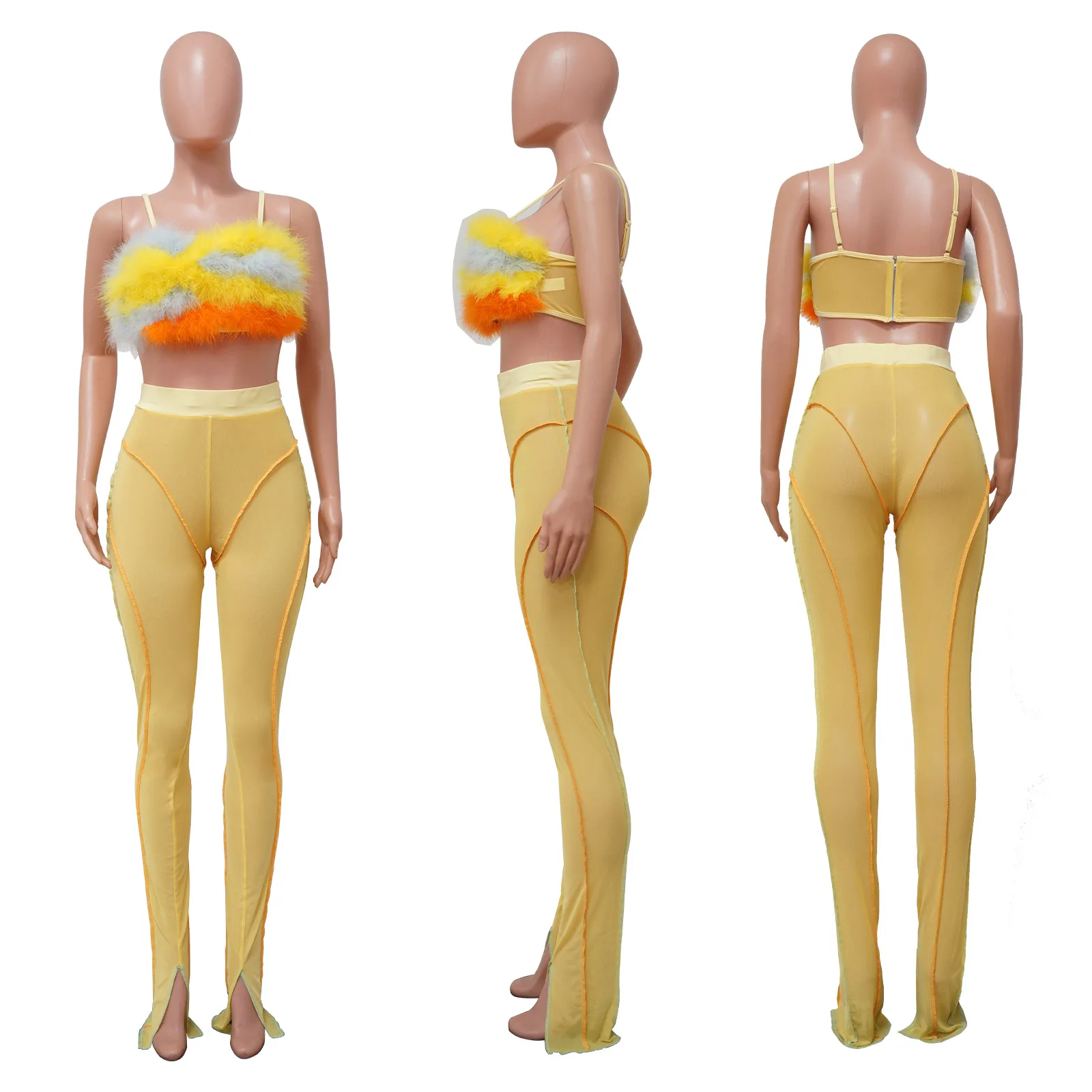 Set dua potong Balut wanita seksi atasan pendek bulu Suspender Dan celana Skinny pakaian jalanan kelab malam untuk wanita