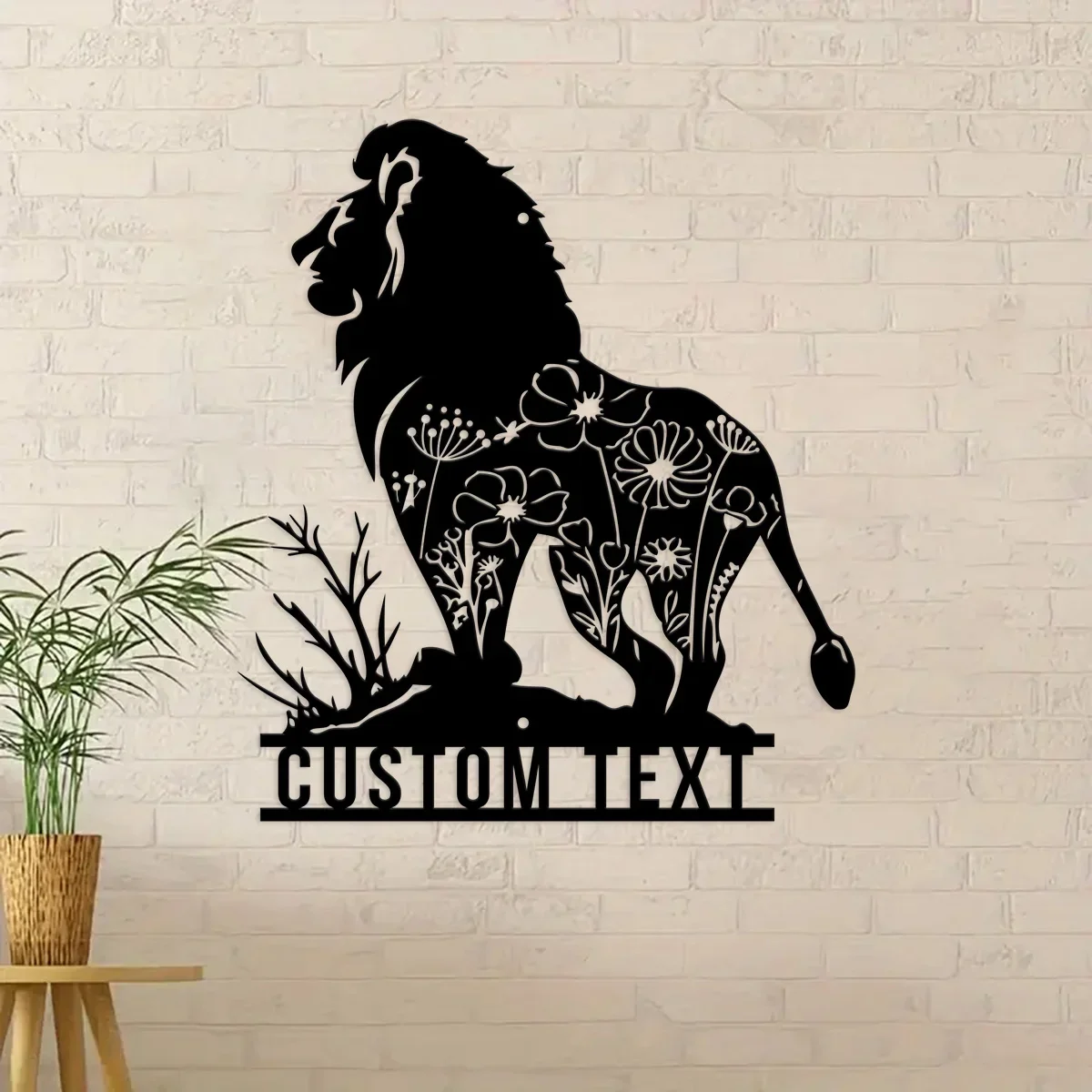 Custom Floral King Lion Metal Wall Art Personalized Wild Flower Lion Lover Name Sign Home Decor Wild Animal Kid Nursery