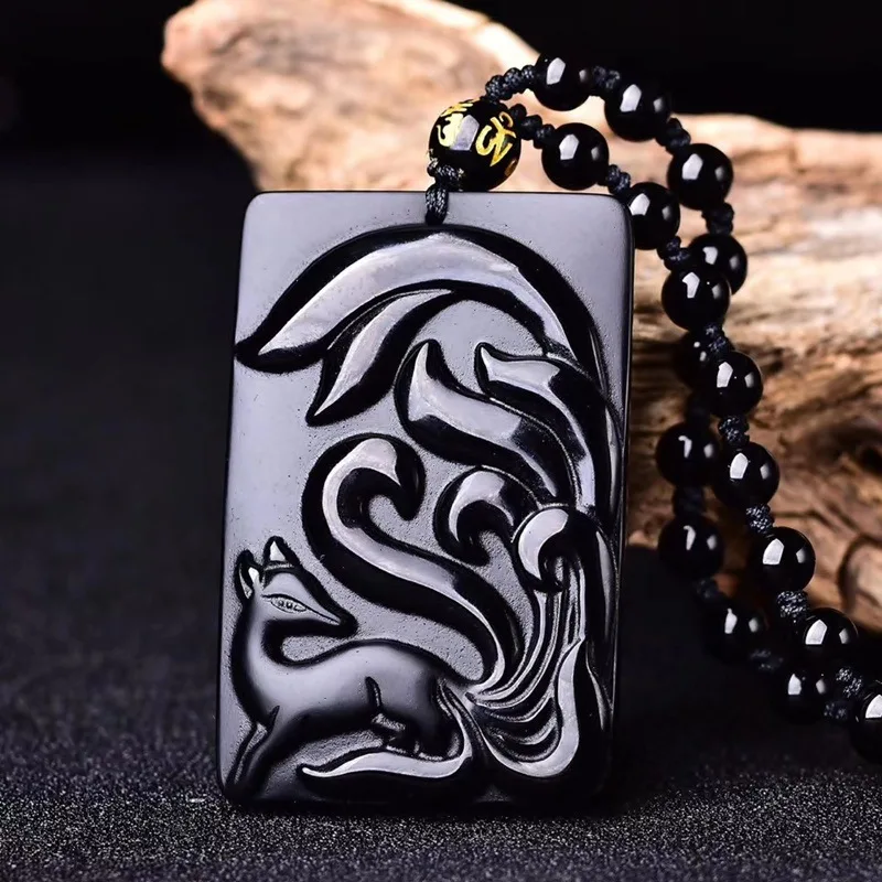 Natural Obsidian Fox Pendant Matte Finish Nine-Tailed Male Female Large Tail Available Wholesale