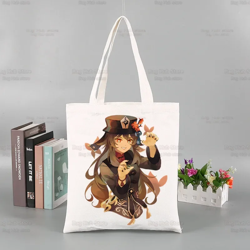 Hu Tao And Ghost Shopping Bag Shopper Jute Bag Genshin Impact Shopping Tote Bag Shoping Reusable Game Anime Bolsa Sacolas