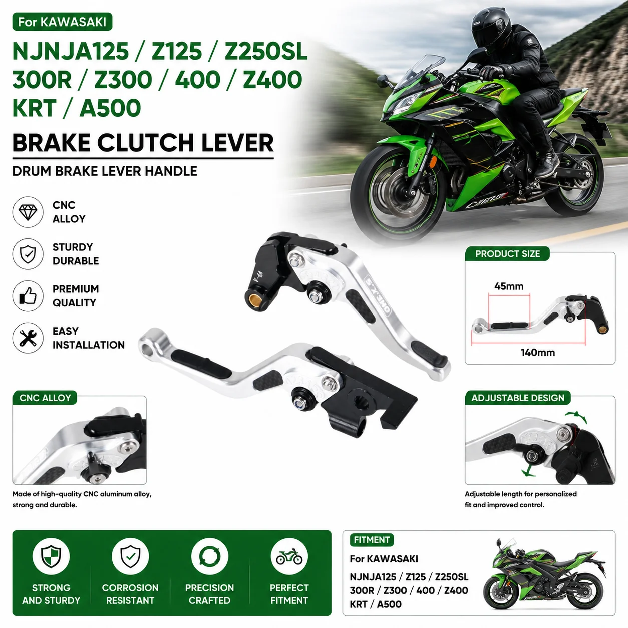 CNC Alloy Motorcycle Brake Clutch Drum Lever Handle For Kawasaki NJNJA125/Z125/Z250SL/300R/Z300/400/Z400/KRT/A500