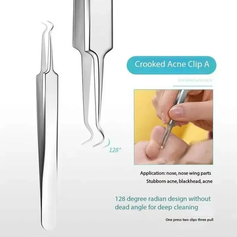 8ピースステンレススチールのにきび除去ツールセット、収納ボックス、にきびクリップピンセット、にきび針ツール、美顔器付き