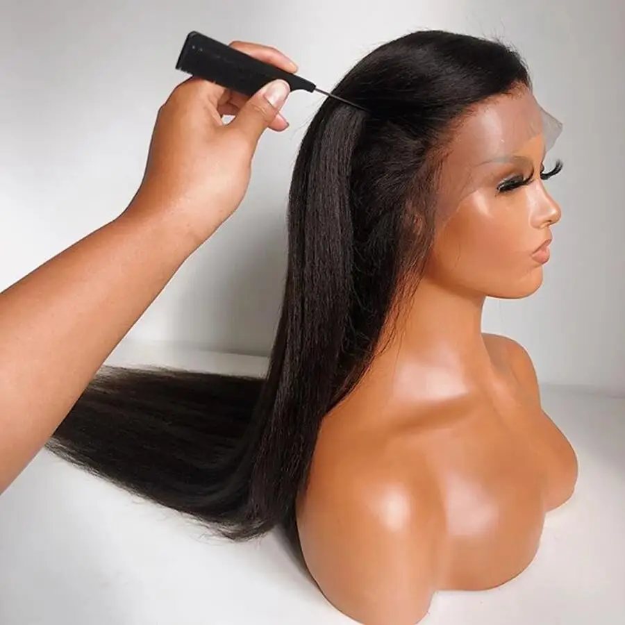 Peluca recta Yaki para mujer, pelo de bebé sintético prearrancado, suave, sin pegamento, con malla frontal, 26 pulgadas de densidad, color negro natural, 180%