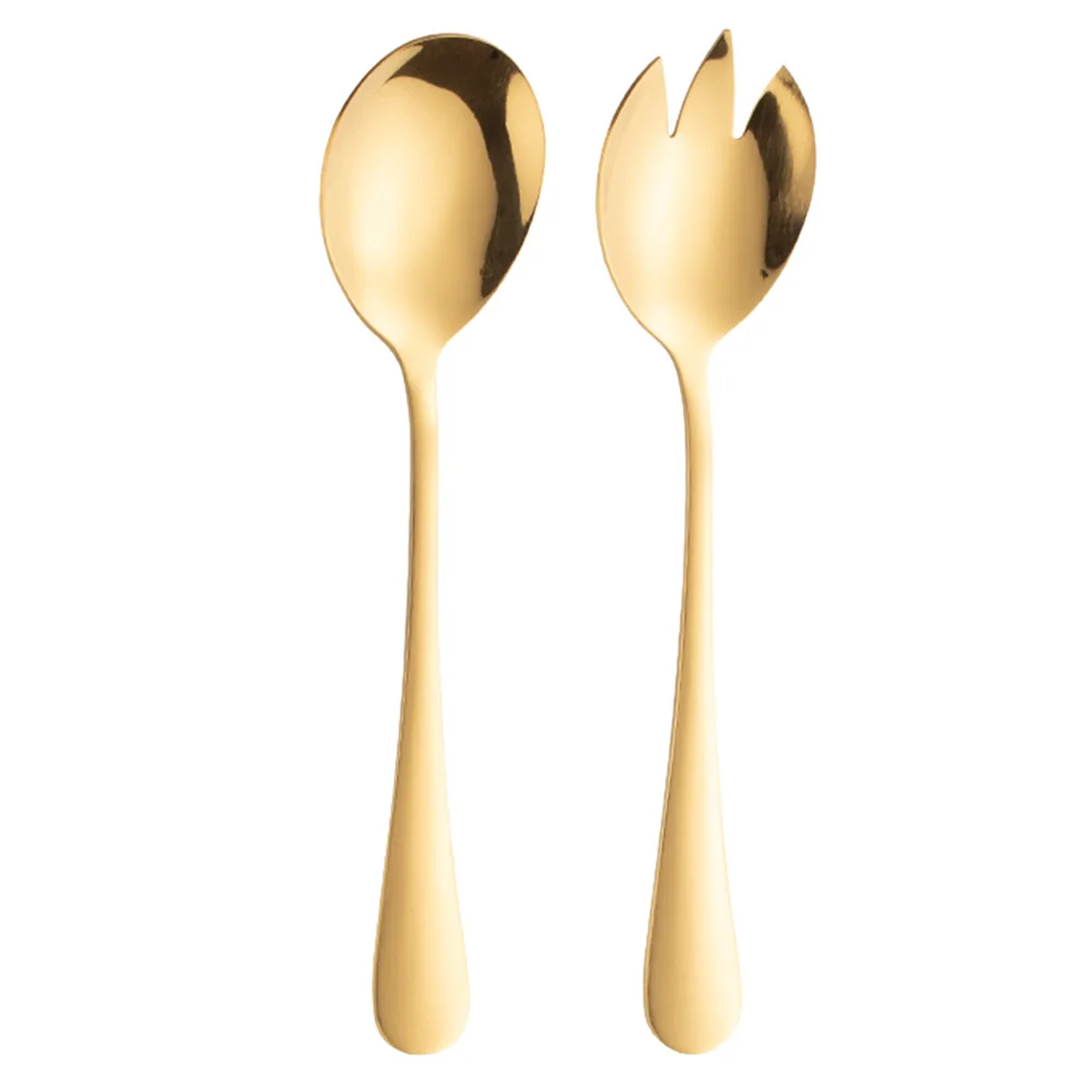 

2 Pcs Salad Spoon Fork Stainless Steel Spaghetti Serving Kitchen Bar Utensils Fruit Condiment Thick Material Solid Handle Mirror